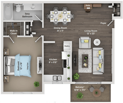 Floor plan for 1 bed, 1 bath, 800 sqft